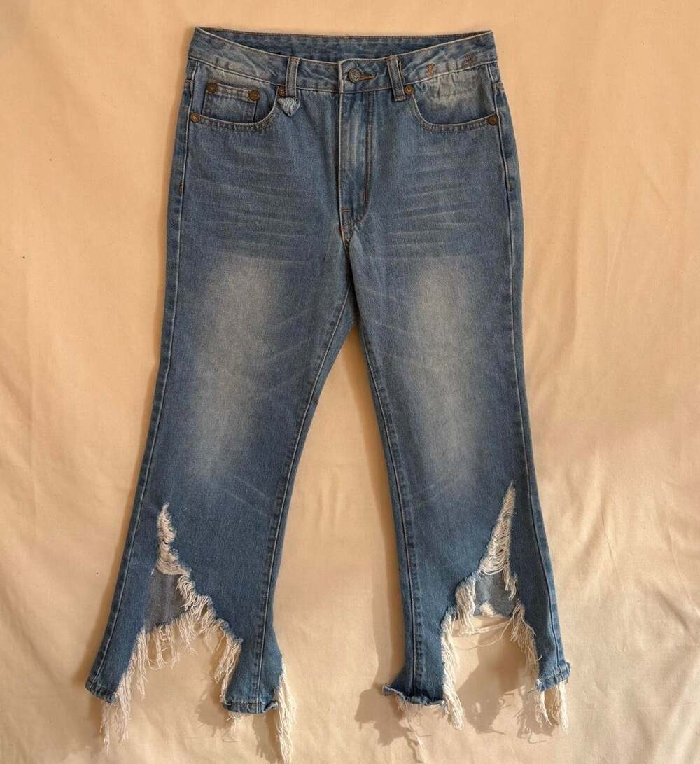 R13 SS15 Blue Distressed Shredded Fringe Hem Flare Jeans Grunge - Size 28